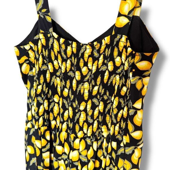 LOFT Black Yellow Lemon Print Jumpsuit Spaghetti Strap Button Up Wide Crop Leg S - Picture 6 of 10